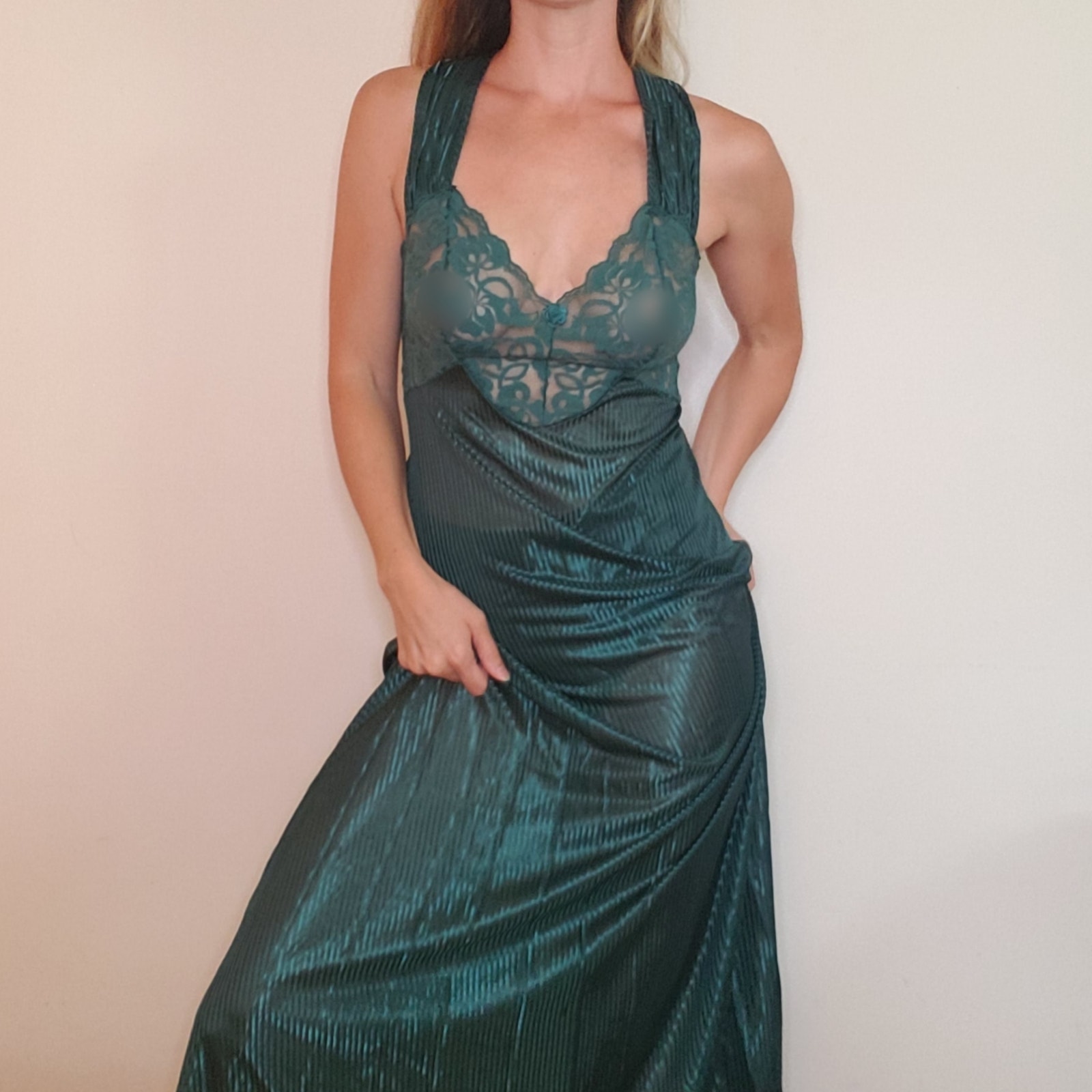 Vintage Emerald Green Sexy Silky Sheer Nightgown Low Cut Lace Large